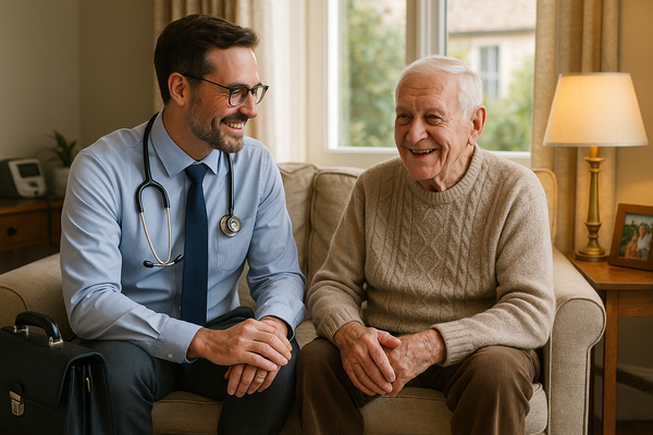 Doctor and elderly patient sitting together on a couch, smiling.