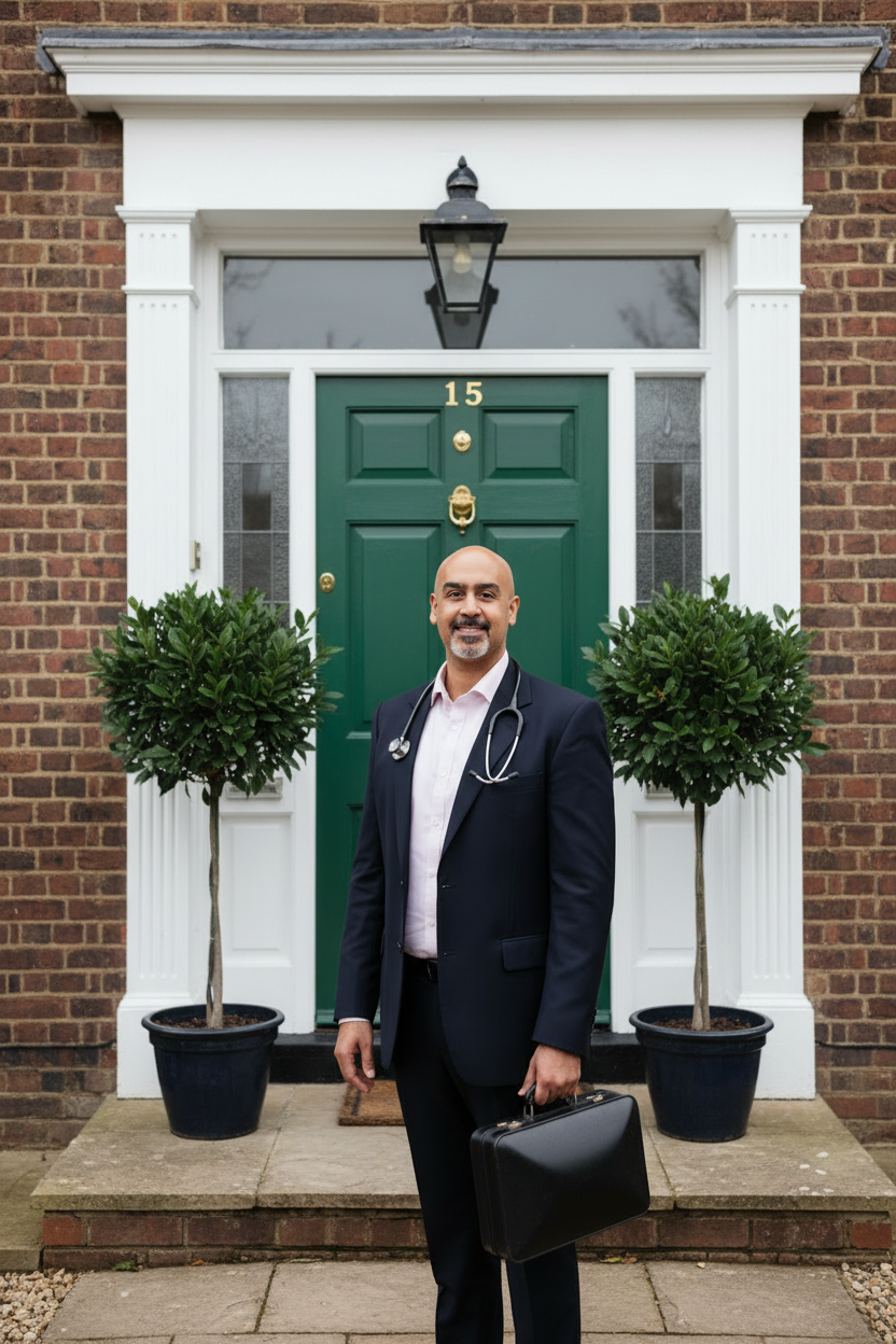 Omar standing outside a front door on a home visit