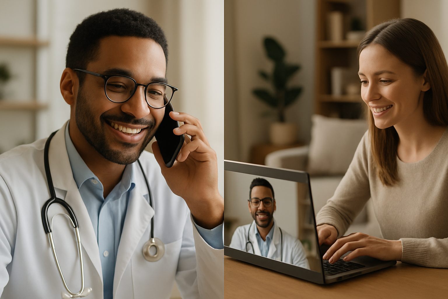 Collage of a doctor on the phone and a patient on a video call, both smiling.
